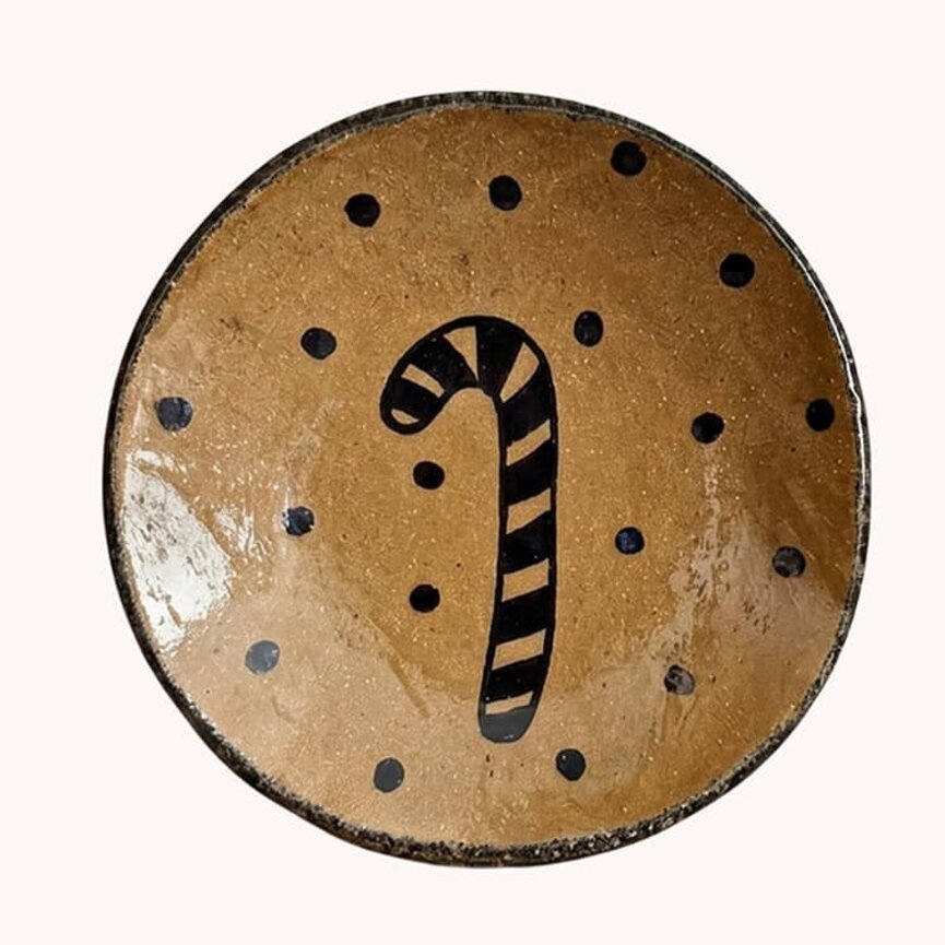 Clay Craftsman Brown Clay Pottery Round Plate Candy Cane - 7"