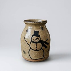 Clay Craftsman Brown Clay Pottery Small Canning Crock Snowman with Stars - 5"