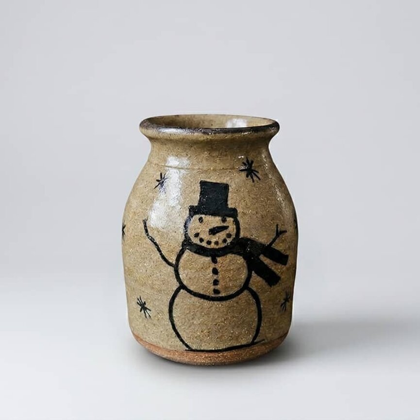 Clay Craftsman Brown Clay Pottery Small Canning Crock Snowman with Stars - 5"