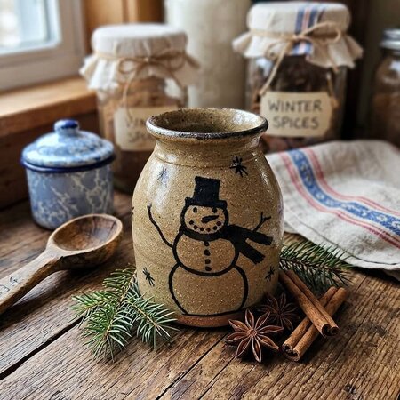 Snowman with Stars Brown Clay Pottery Small Canning Crock - 5"