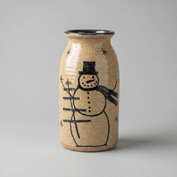 Clay Craftsman Brown Clay Pottery Canning Crock Large Snowman with Feather Tree - 8"