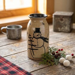 Clay Craftsman Brown Clay Pottery Canning Crock Large Snowman with Feather Tree - 8"