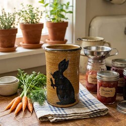 Clay Craftsman Brown Pottery Extra Large Canning Crock Rabbit with Carrot - 4.25" x 7"