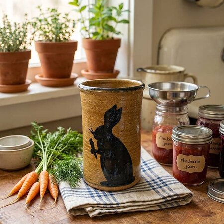 Rabbit with Carrots Brown Pottery Extra Large Canning Crock - 7"