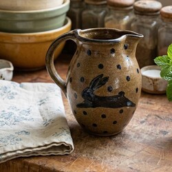 Clay Craftsman Brown Pottery Pitcher with Rabbit & Polka Dots - 7.5"