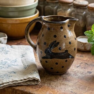 Rabbit & Polka Dots Brown Pottery Pitcher - 7.5"