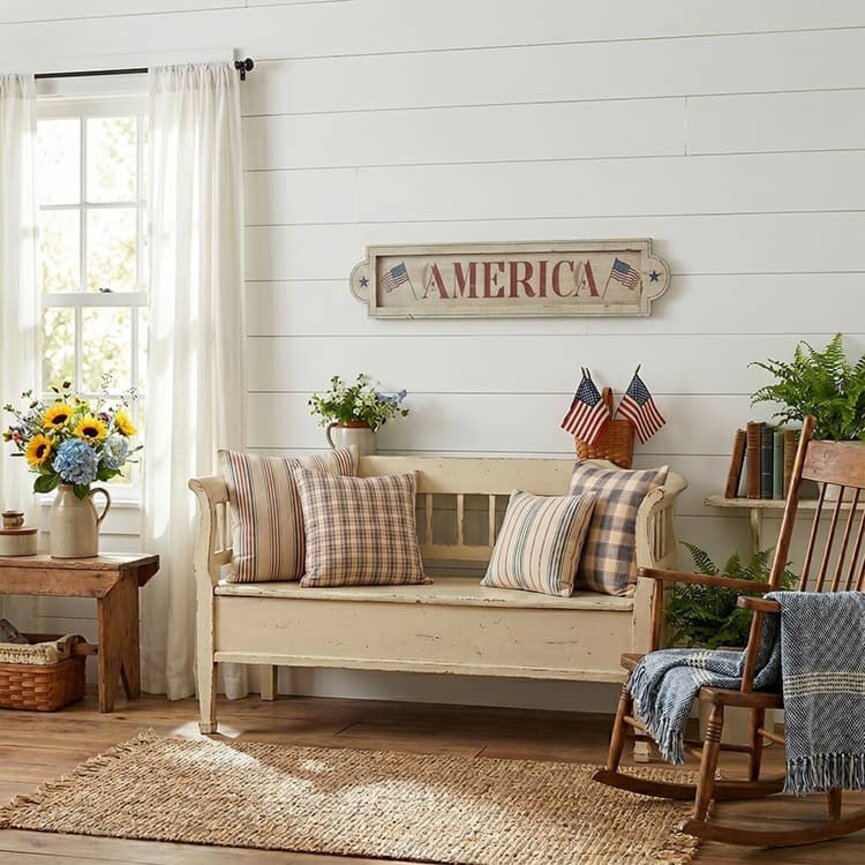 America Distressed White Wood Sign with Flags & Stars - 41.5" x 8.5"