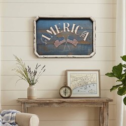 Distressed America Blue with Flags Handpainted Sign - 24" x 15.5"