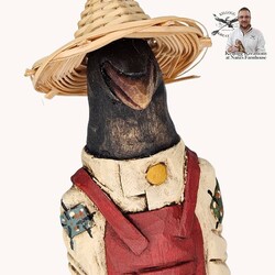Straw Hat Crow Hand Carved On Wooden Base - 8.5"