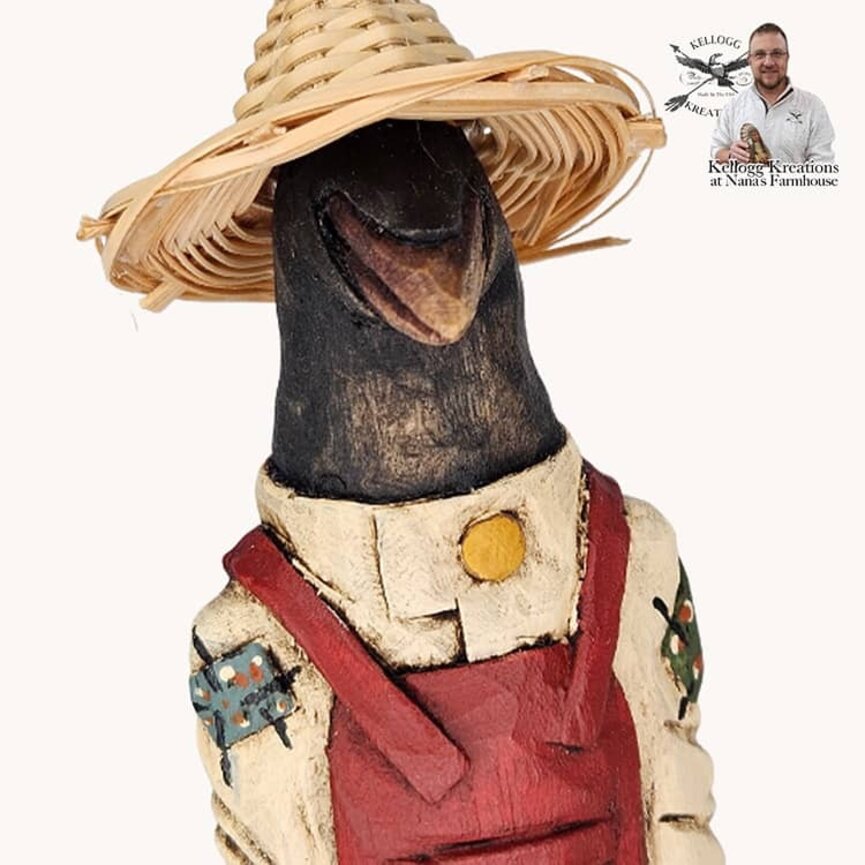 Straw Hat Crow Hand Carved On Wooden Base - 8.5"