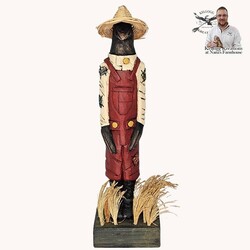 Straw Hat Crow Hand Carved On Wooden Base - 8.5"