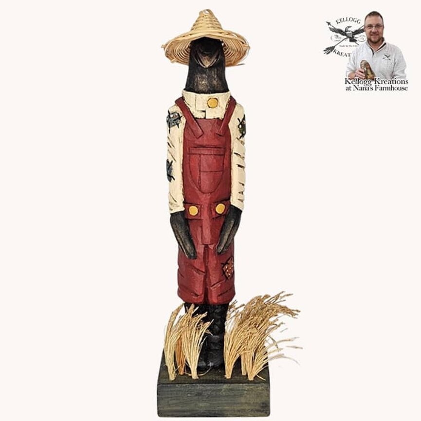 Straw Hat Crow Hand Carved On Wooden Base - 8.5"