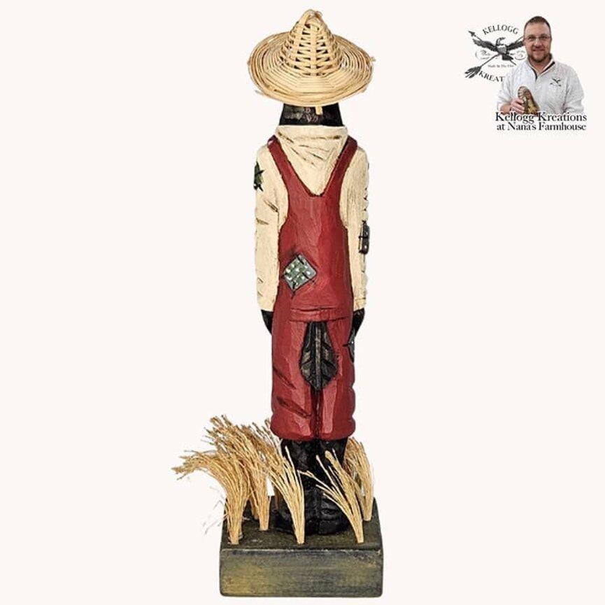 Straw Hat Crow Hand Carved On Wooden Base - 8.5"