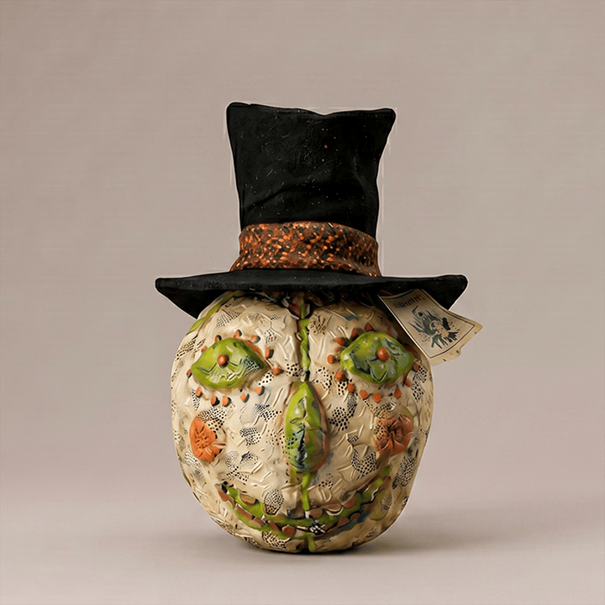 Krisnick Jack O'Lantern Head with Top Hat & Green Eyes - 9.5" x 8"
