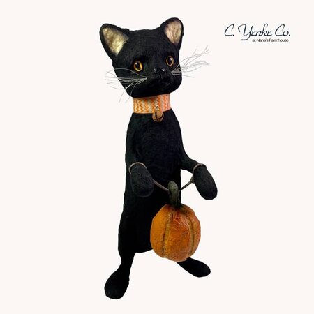 Large Black Cat holding Pumpkin Figurine - 10"