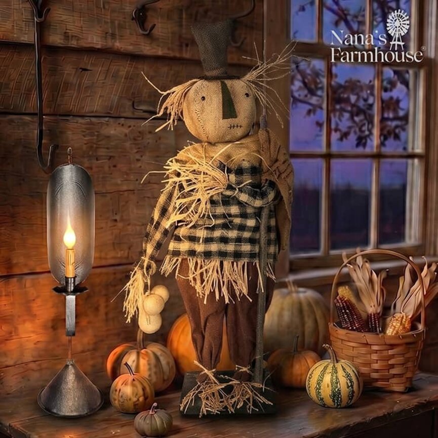 Barley Scarecrow with Checked Shirt Brown Pants & Harvest Sign - 23"