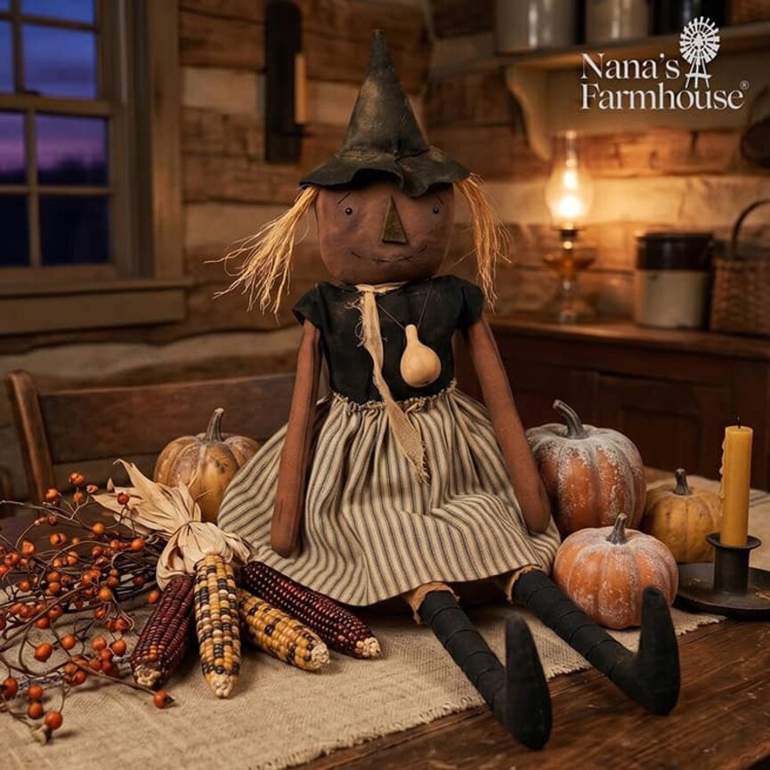 Beatrice Witch Doll with Blue Ticking Dress & Gourd Necklace - 28"