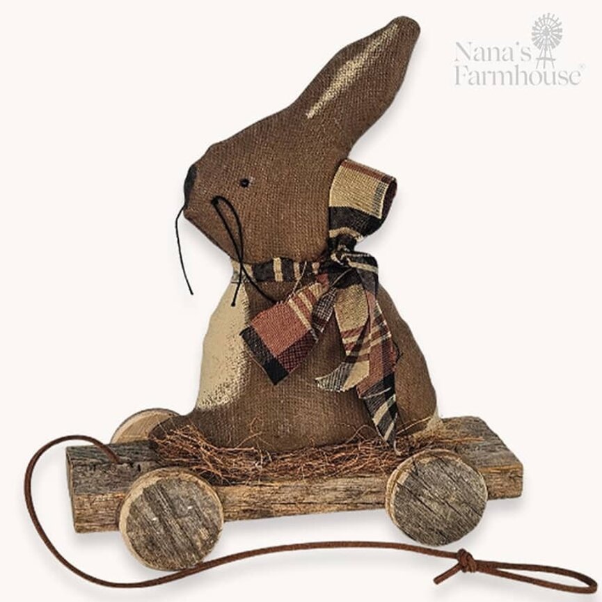 Rabbit on Pull Toy Cart with Plaid Bow - 8"