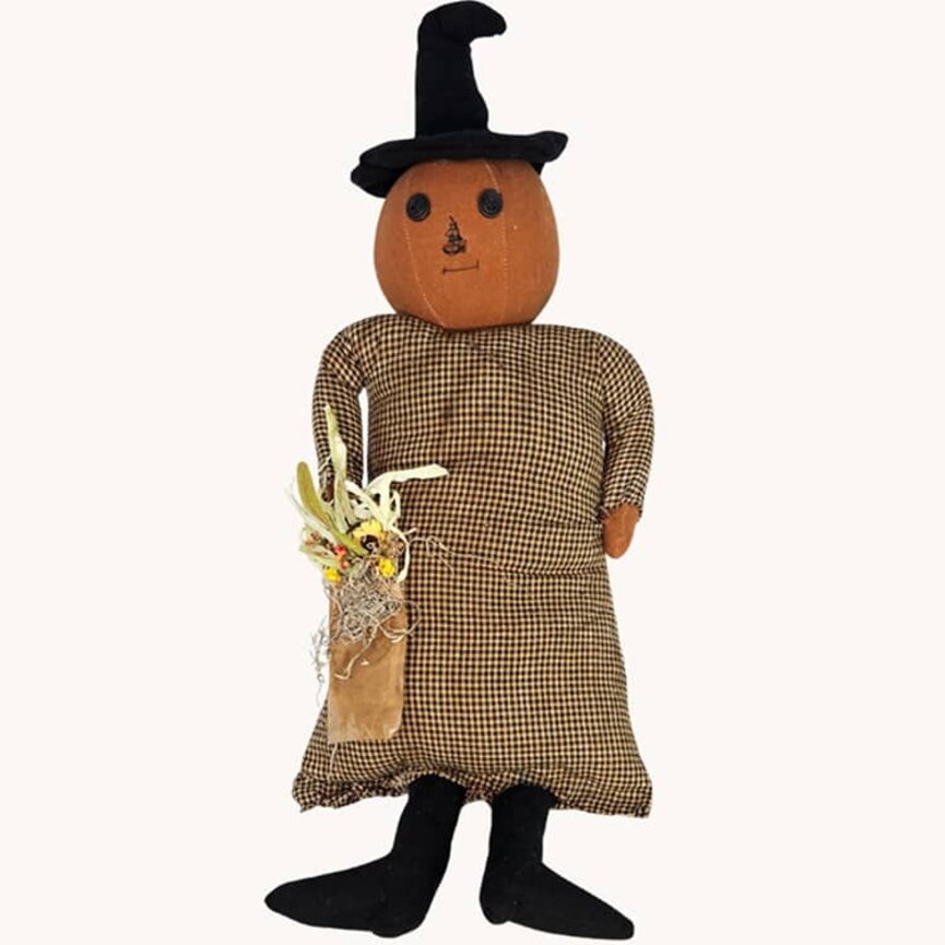 Hanging Pumpkin Witch Doll in Checked Dress - 25"