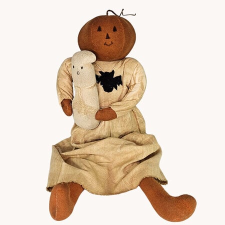 Pumpkin Sitting Doll with Ghost & Bat Necklace