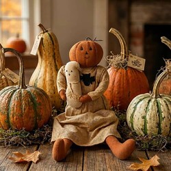 Pumpkin Sitting Doll with Ghost & Bat Necklace Weighted Base - 14" T