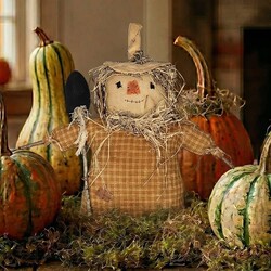 Scarecrow Doll with Cornstalks & Black Crow on Shoulder Weighted Base - 13"