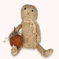Mummy Sitting with Grungy Cheesecloth & Stitching Holding Pumpkin - 8"