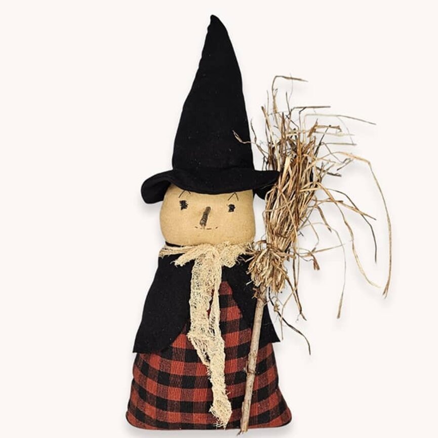 Witch Orange & Black Check Fabric Flannel Cape with Broom - 18"