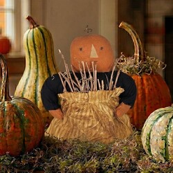 Pumpkin Girl Black Orange Ticking Apron Filled W/Twigs Weighted Base - 18"