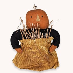 Pumpkin Girl Black Orange Ticking Apron Filled W/Twigs Weighted Base - 18"