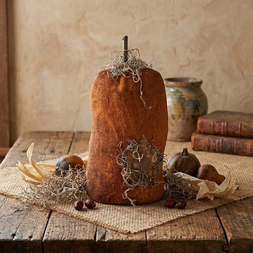 Painted Orange Pumpkin with Moss & Rusty Star Weighted Base - 9"