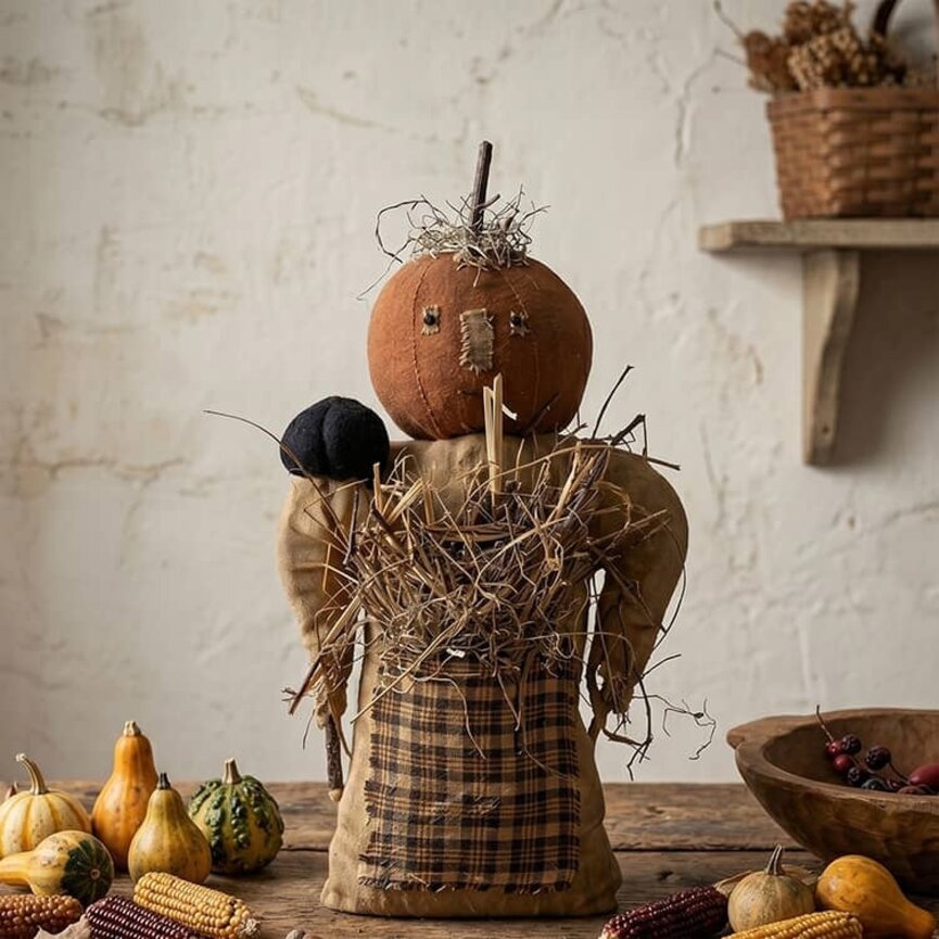 Pumpkin Girl Pocket with Sticks Moss & Crow on Shoulder Weighted Base - 14"