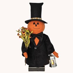 Top Hat Pumpkin Boy Doll Black Holding Flowers & Lantern - 23"