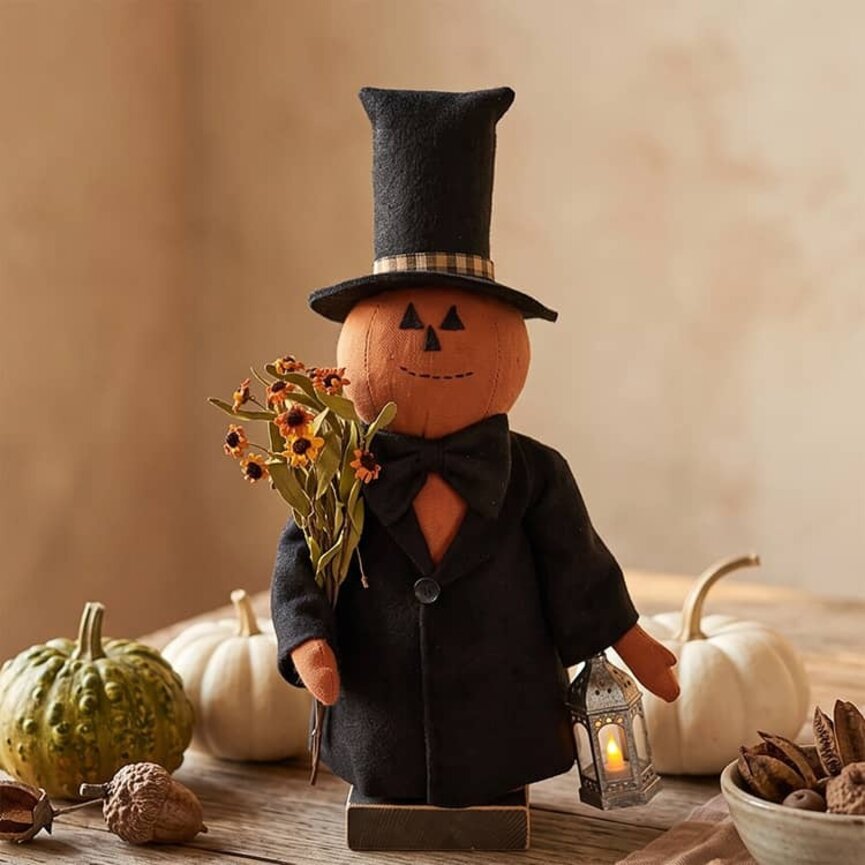 Top Hat Pumpkin Boy Doll Black Holding Flowers & Lantern - 23"