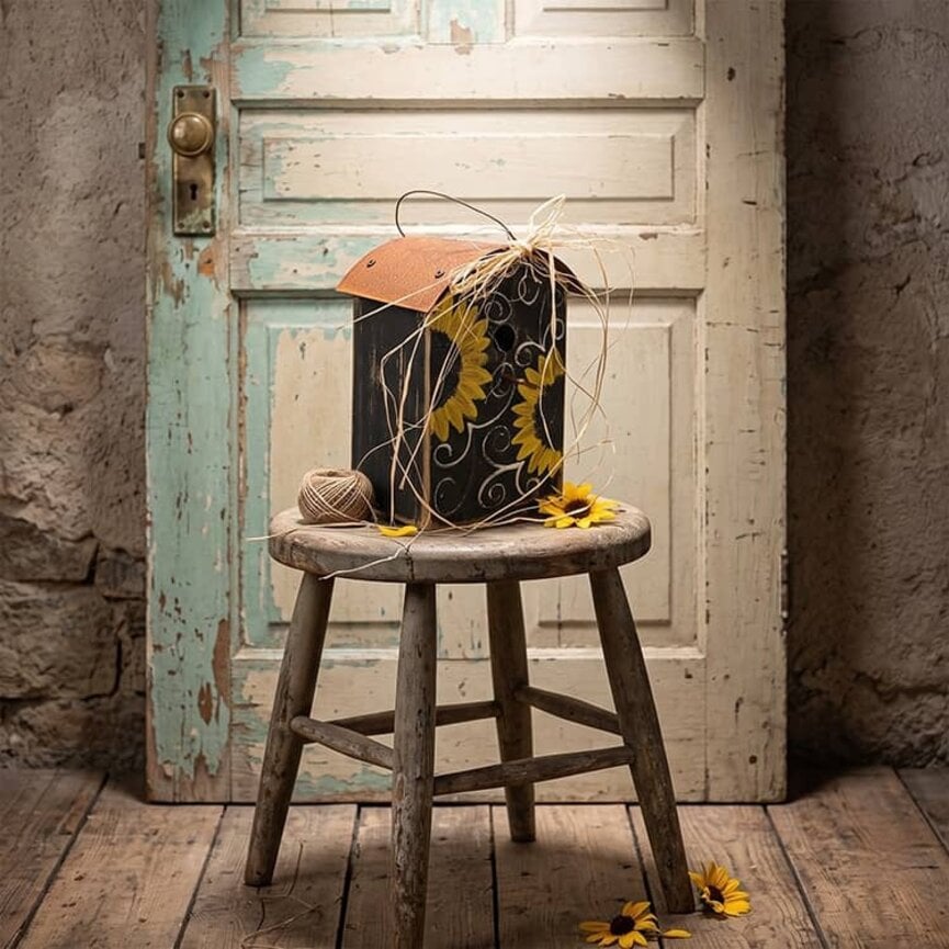 Primitive Sunflowers Birdhouse with Curved Roof - 11" x 8" x 7.5"