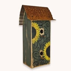 Country Sunflowers Birdhouse with Metal Roof Green Front & Sunflowers - 18" x 9" x 7"
