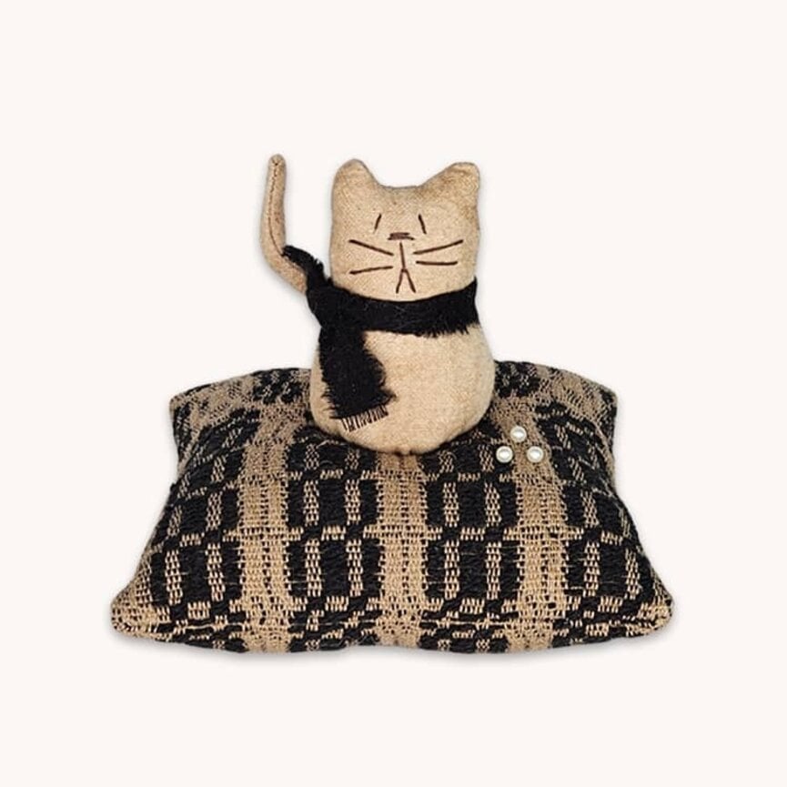 Cat Sitting on Coverlet Pin Cushion - 5.5" T x 5" W