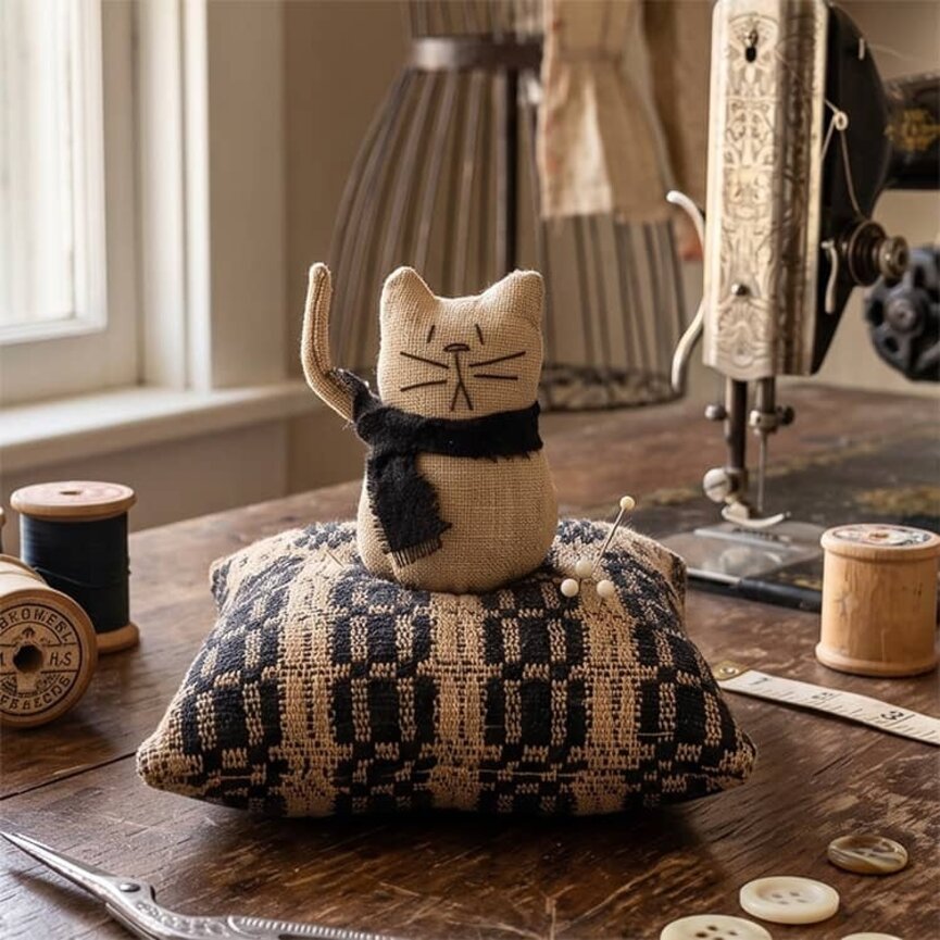 Cat Sitting on Coverlet Pin Cushion - 5.5" T x 5" W