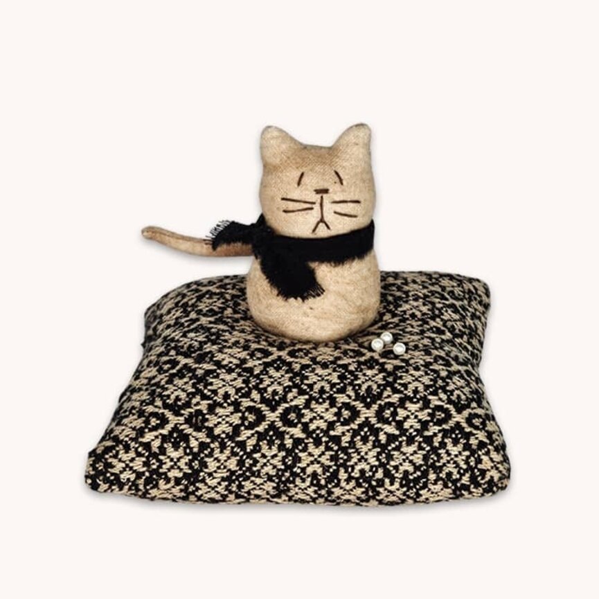Cat Sitting on Coverlet Pin Cushion - 5.5" T x 5" W