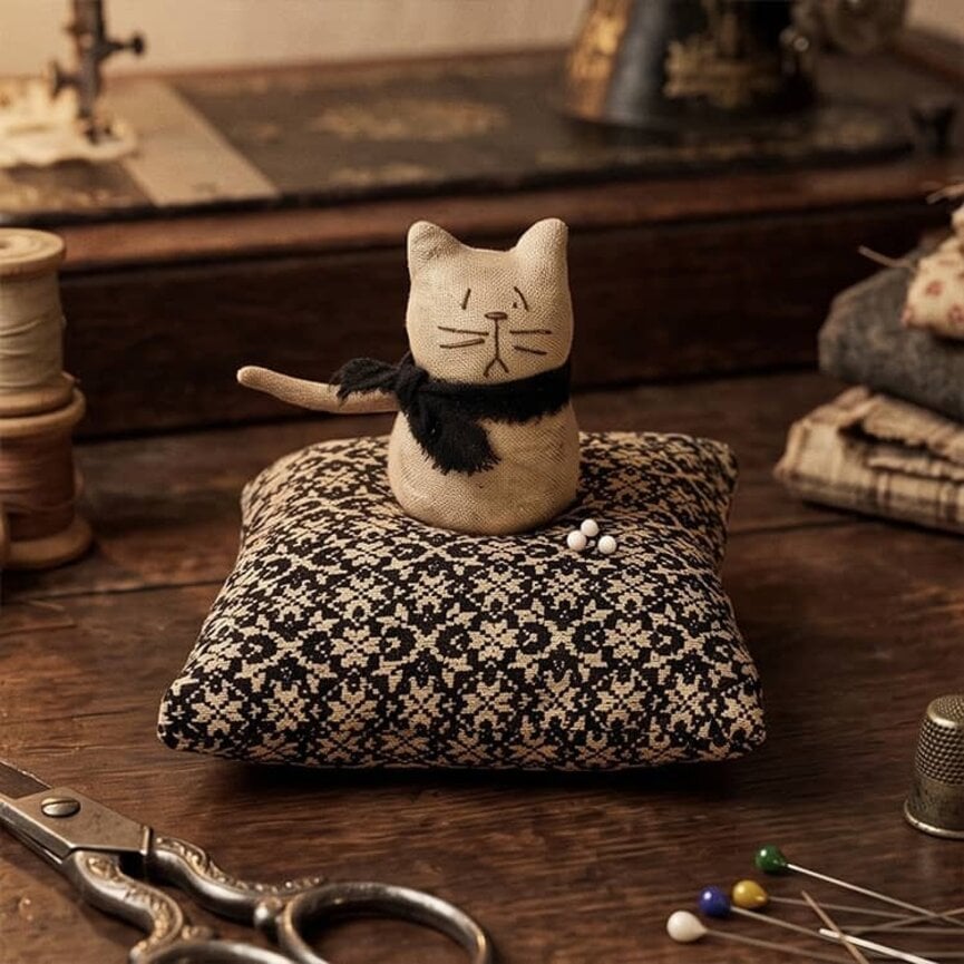 Cat Sitting on Coverlet Pin Cushion - 5.5" T x 5" W