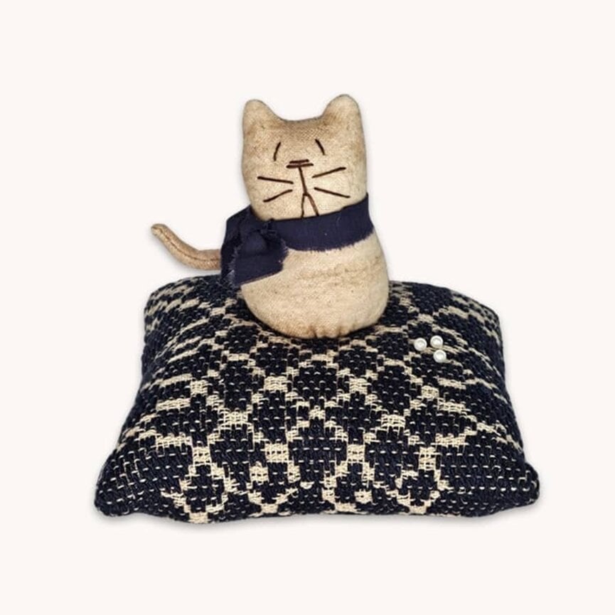 Cat Sitting on Coverlet Pin Cushion - 5.5" T x 5" W