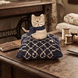 Cat Sitting on Coverlet Pin Cushion - 5.5" T x 5" W