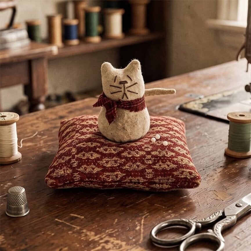 Cat Sitting on Coverlet Pin Cushion - 5.5" T x 5" W