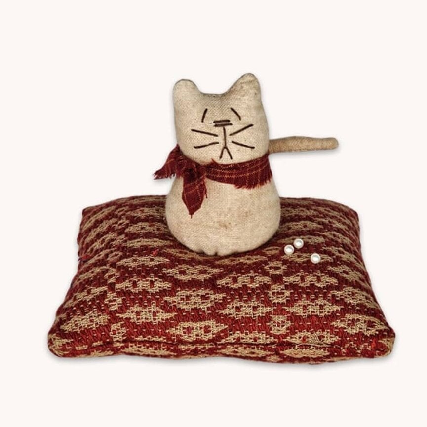 Cat Sitting on Coverlet Pin Cushion - 5.5" T x 5" W