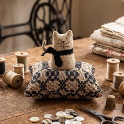 Cat Sitting on Coverlet Pin Cushion - 5.5" T x 5" W
