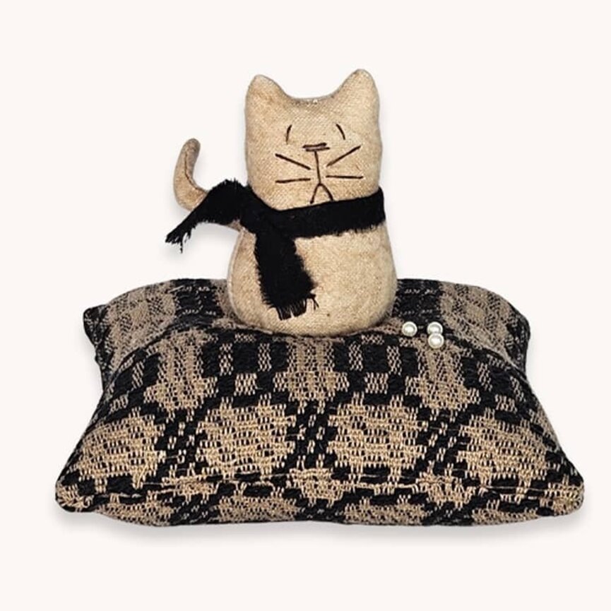Cat Sitting on Coverlet Pin Cushion - 5.5" T x 5" W