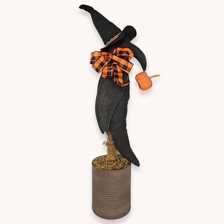 Black Crow in Rusted Coffee Can with Orange Plaid Bow & Pumpkin - 32 "