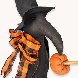 Black Crow in Rusted Coffee Can with Orange Plaid Bow & Pumpkin - 32 "