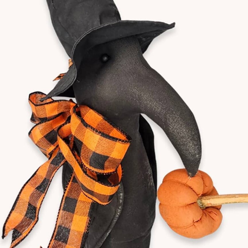 Black Crow in Rusted Coffee Can with Orange Plaid Bow & Pumpkin - 32 "
