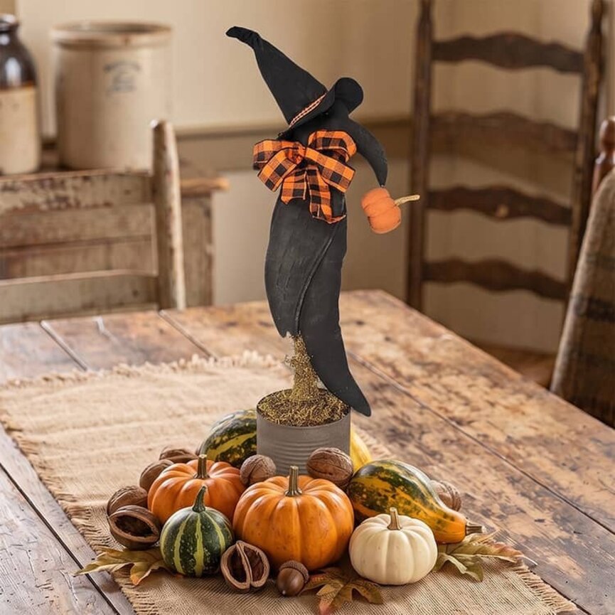 Black Crow in Rusted Coffee Can with Orange Plaid Bow & Pumpkin - 32 "